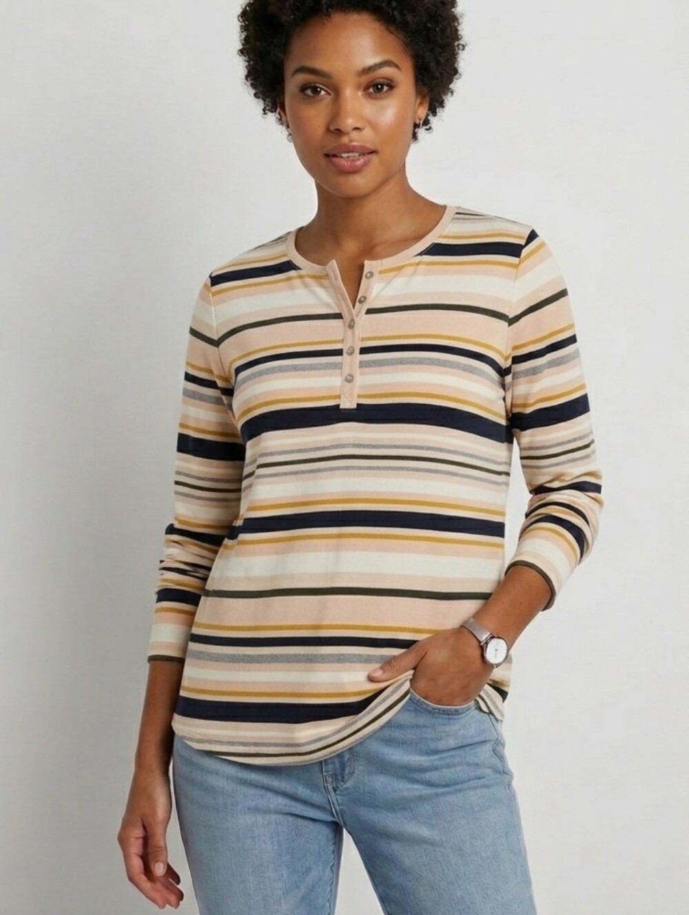 Women's Striped Long Sleeve Top - Navy and Cream